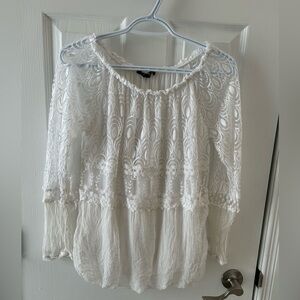 CHARLIE B White Lace Silk Gauze Sheer Velvet Burnout Blouse